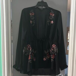Express Black Sheer Cardigan with Red Floral Embroidery